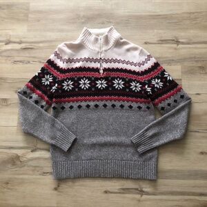 Men's Gray and Red Nordic Pattern Zip-Up Sweater